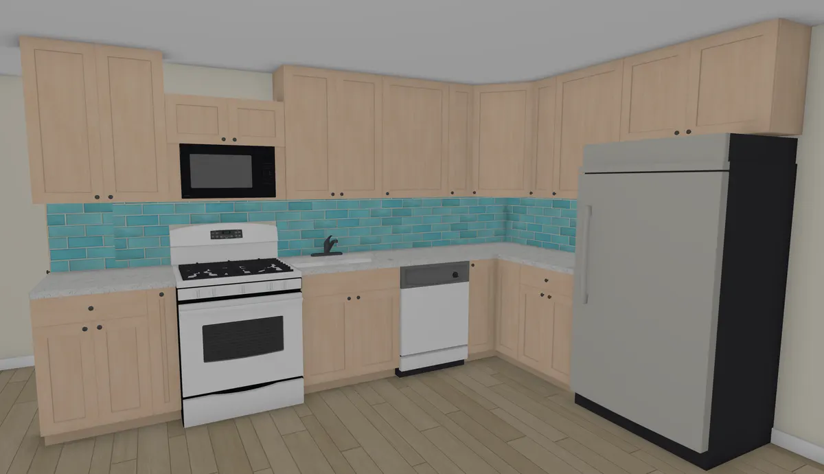 3D design rendering of a curved custom kitchen